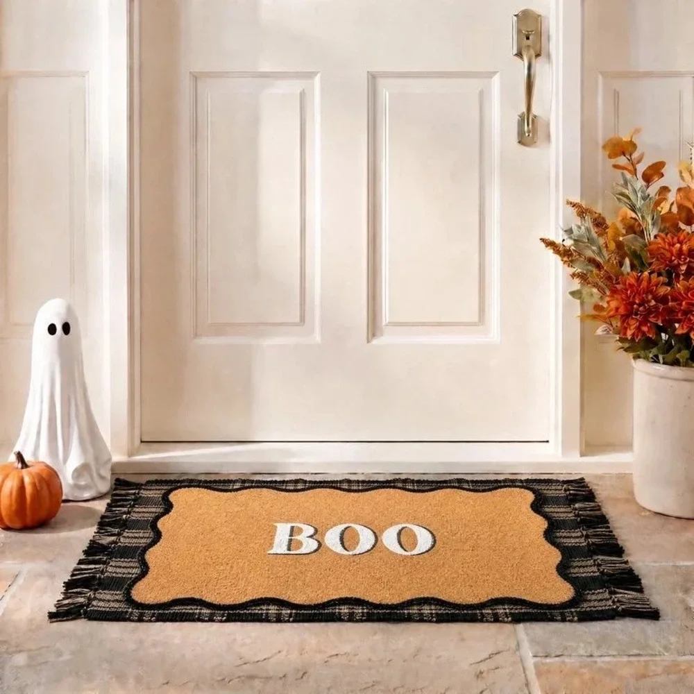 My Texas House Black‎ Plaid Indoor/Outdoor Layering Rug, 24x38, Halloween Decor